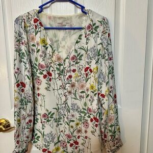LOFT M Women's Floral V Neck Long Sleeve Blouse - Cream with Multicolor Accents